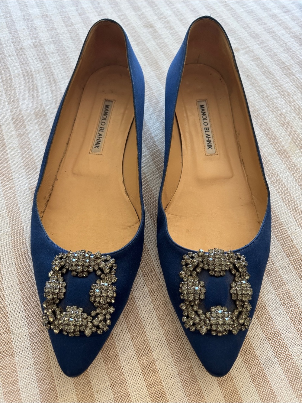 AUTHENTIC Manolo Blahnik Blue Satin Pointed Flats with Crystal Buckles